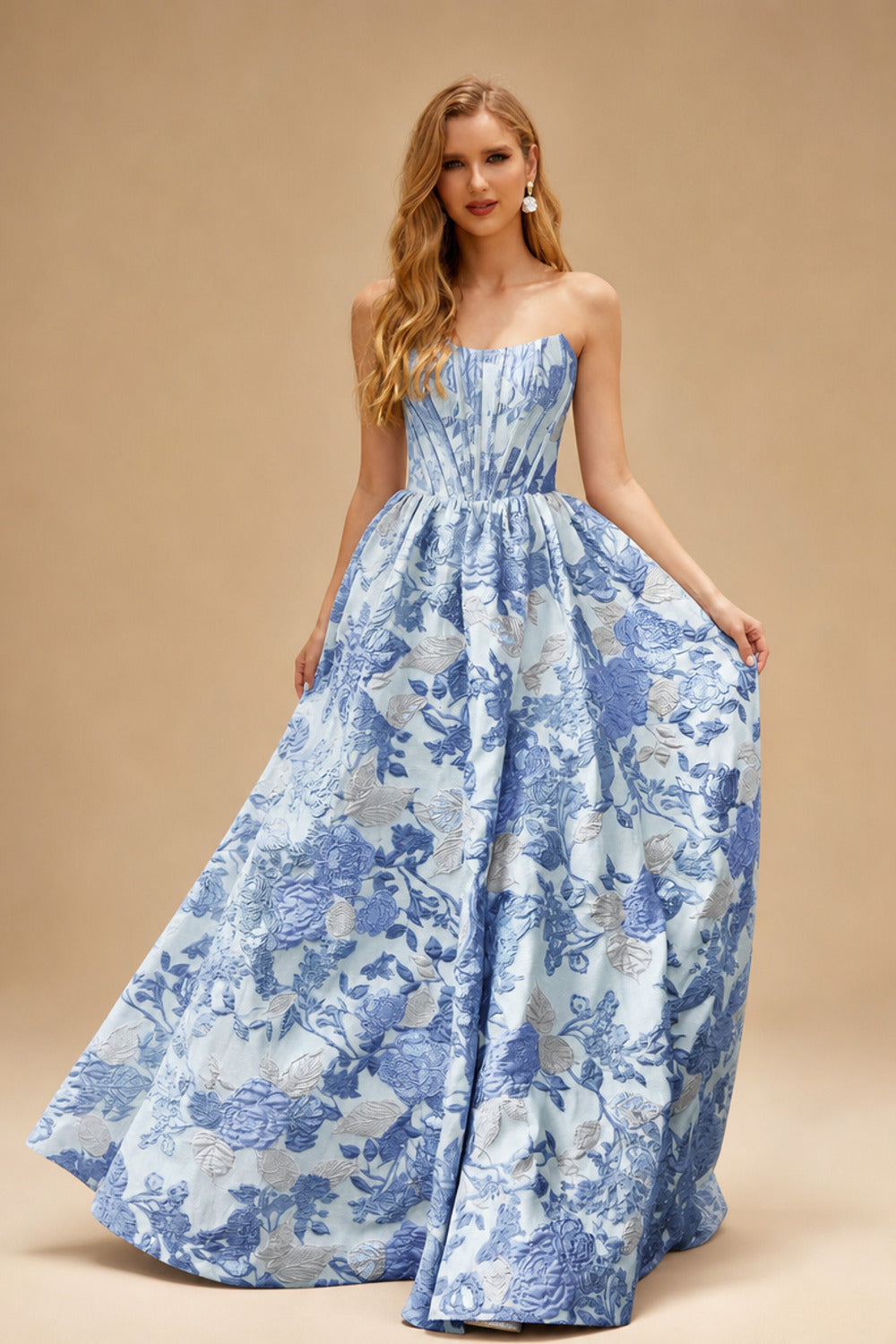 Rutipo Light Blue Floral A-line Strapless Metallic Floral Jacquard Ball Gown Prom Dress with Slit