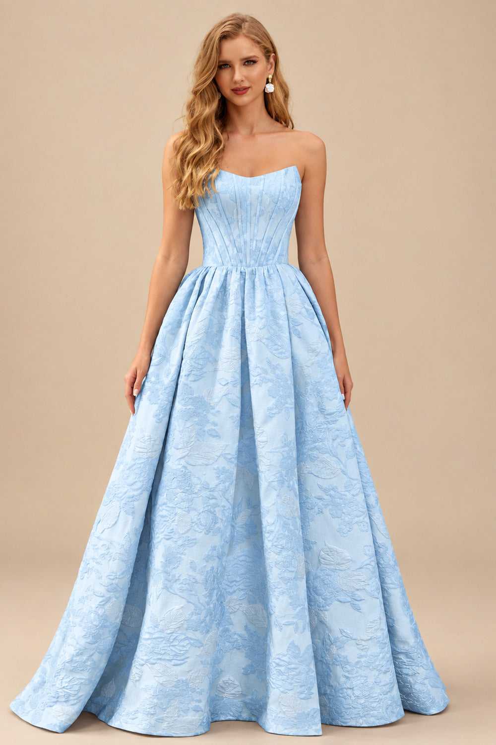 Rutipo Light Blue Floral A-line Strapless Metallic Floral Jacquard Ball Gown Prom Dress with Slit