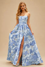 Rutipo Light Blue Floral A-line Strapless Metallic Floral Jacquard Ball Gown Prom Dress with Slit