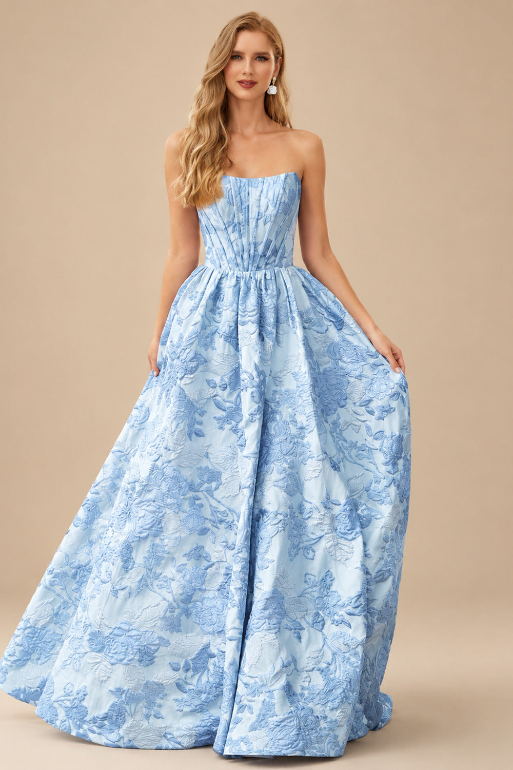 Rutipo Light Blue Floral A-line Strapless Metallic Floral Jacquard Ball Gown Prom Dress with Slit