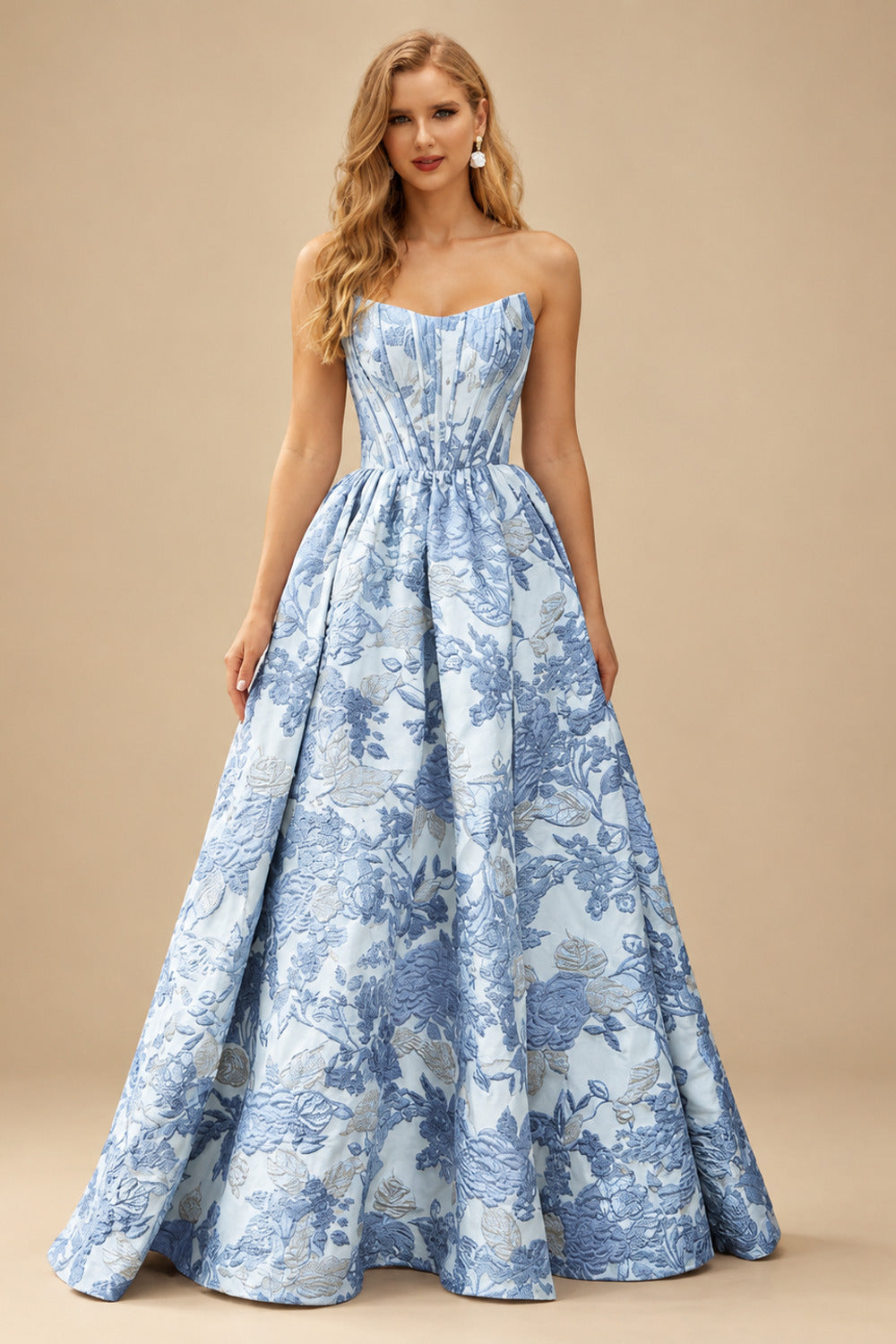 Rutipo Light Blue Floral A-line Strapless Metallic Floral Jacquard Ball Gown Prom Dress with Slit