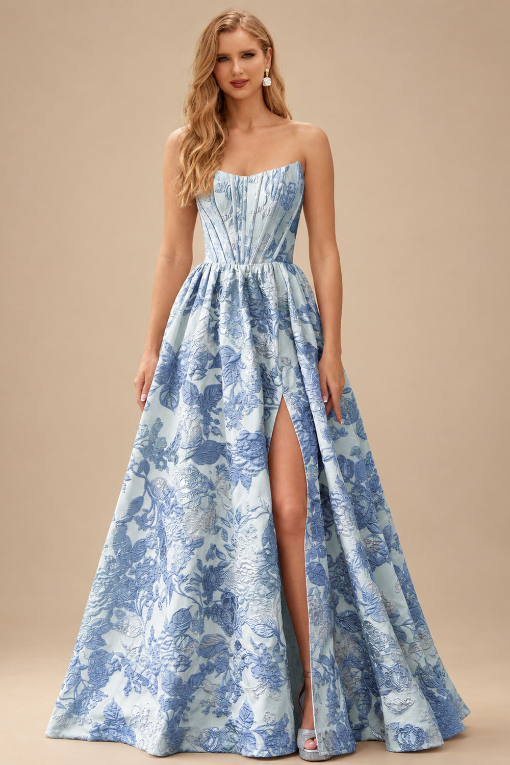 Rutipo Light Blue Floral A-line Strapless Metallic Floral Jacquard Ball Gown Prom Dress with Slit