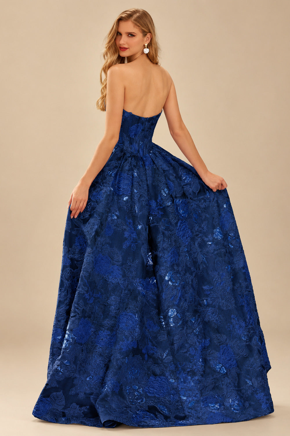 Rutipo Navy Blue Floral A-line Strapless Metallic Floral Jacquard Ball Gown Prom Dress with Slit