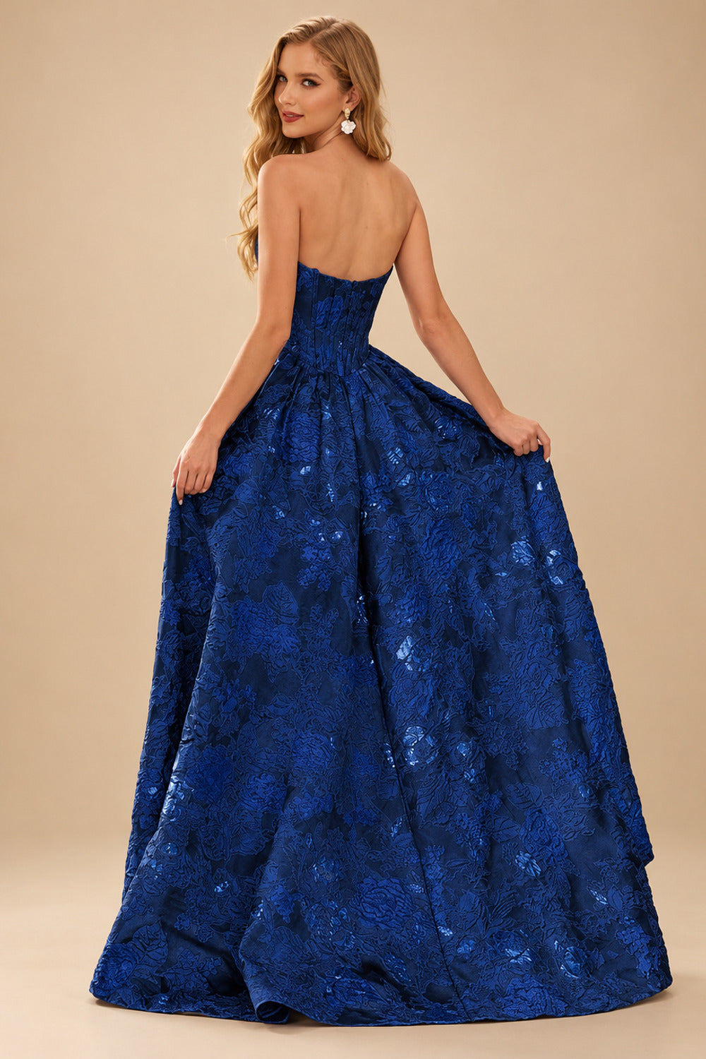 Rutipo Navy Blue Floral A-line Strapless Metallic Floral Jacquard Ball Gown Prom Dress with Slit