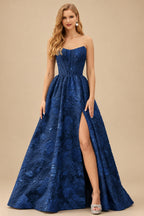 Rutipo Navy Blue Floral A-line Strapless Metallic Floral Jacquard Ball Gown Prom Dress with Slit