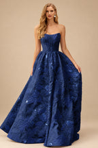 Rutipo Navy Blue Floral A-line Strapless Metallic Floral Jacquard Ball Gown Prom Dress with Slit