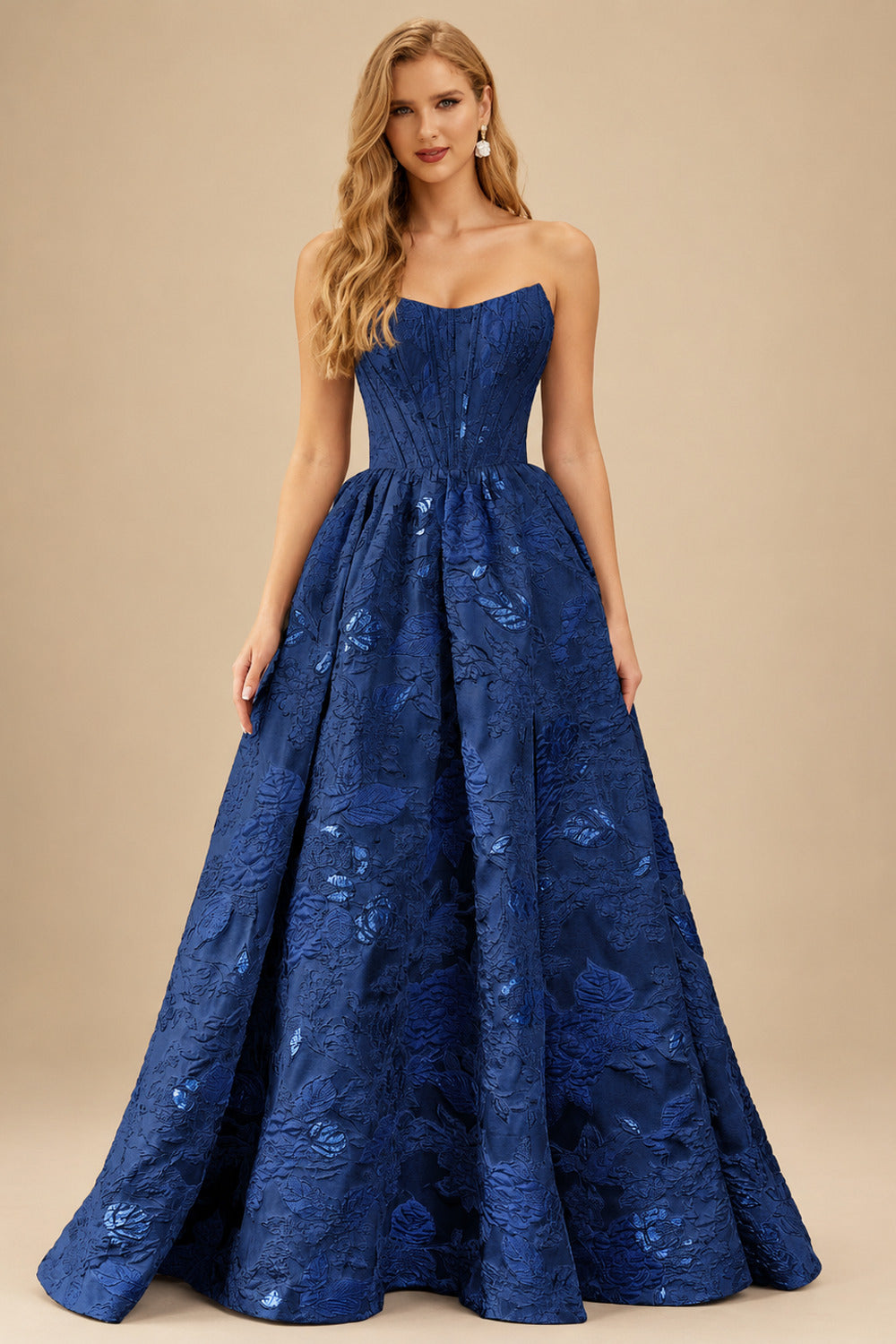 Rutipo Navy Blue Floral A-line Strapless Metallic Floral Jacquard Ball Gown Prom Dress with Slit