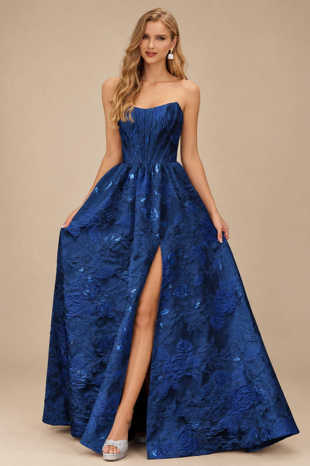 Rutipo Navy Blue Floral A-line Strapless Metallic Floral Jacquard Ball Gown Prom Dress with Slit