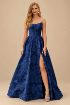 Rutipo Navy Blue Floral A-line Strapless Metallic Floral Jacquard Ball Gown Prom Dress with Slit