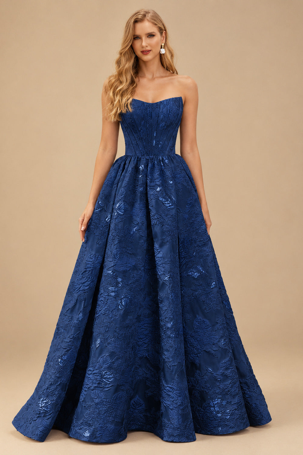 Rutipo Navy Blue Floral A-line Strapless Metallic Floral Jacquard Ball Gown Prom Dress with Slit