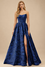Rutipo Navy Blue Floral A-line Strapless Metallic Floral Jacquard Ball Gown Prom Dress with Slit