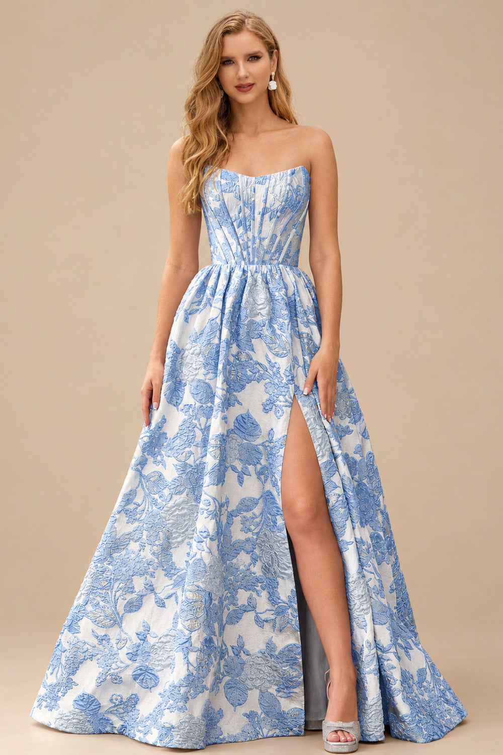 Rutipo Sky Blue Floral A-line Strapless Metallic Floral Jacquard Ball Gown Prom Dress with Slit