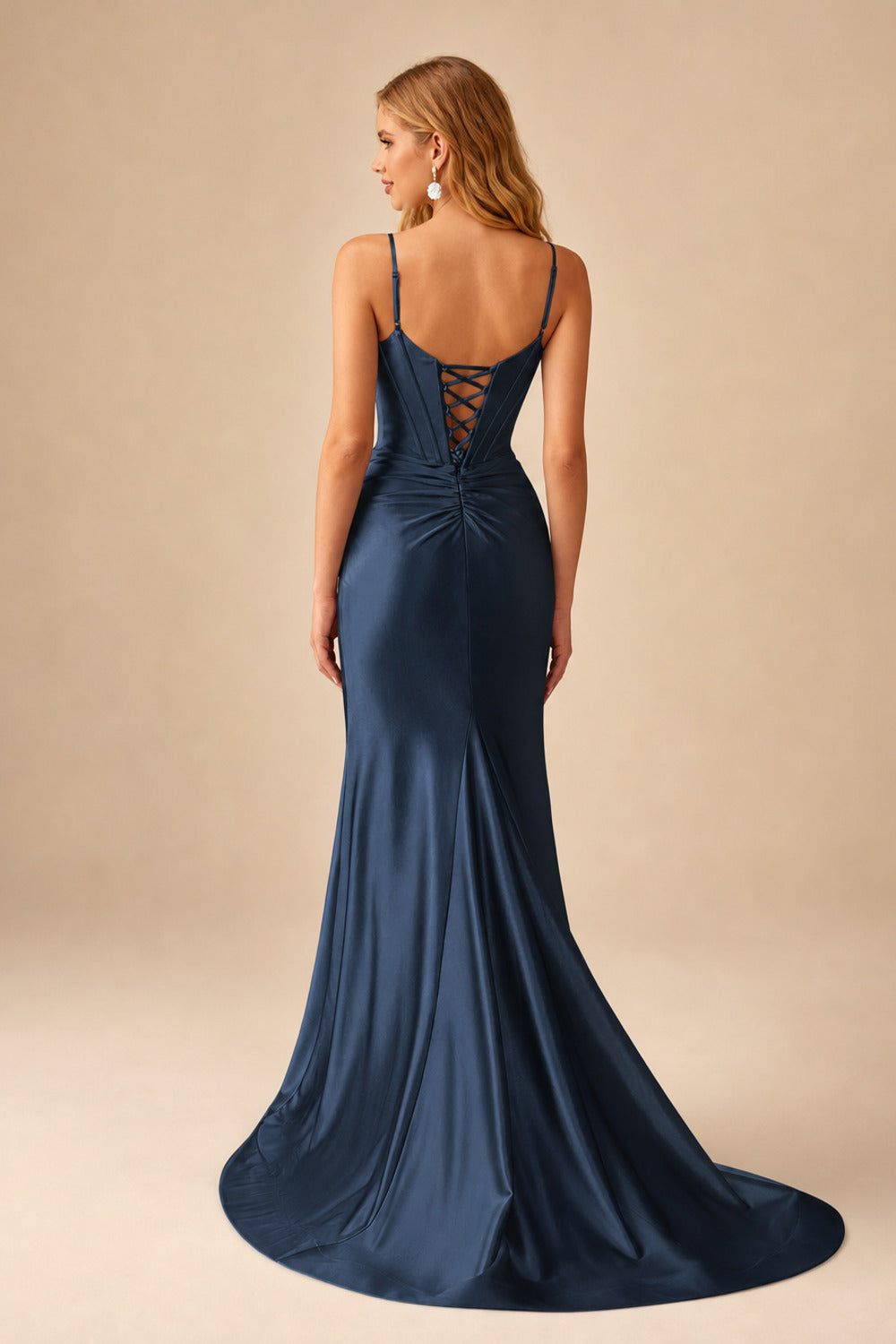 Rutipo Dark Navy Mermaid Spaghetti Strap Ruched Corset Prom Dress with Slit