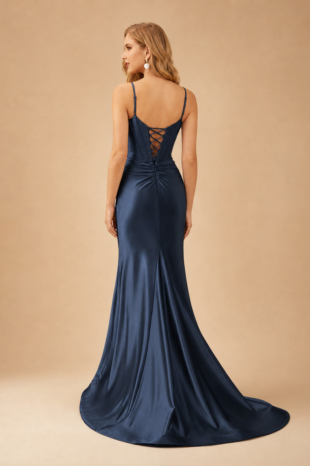 Rutipo Dark Navy Mermaid Spaghetti Strap Ruched Corset Prom Dress with Slit