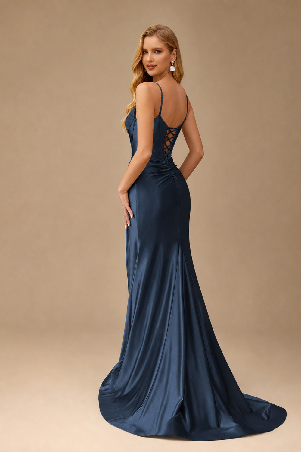 Rutipo Dark Navy Mermaid Spaghetti Strap Ruched Corset Prom Dress with Slit
