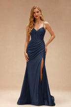 Rutipo Dark Navy Mermaid Spaghetti Strap Ruched Corset Prom Dress with Slit