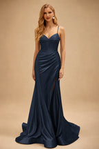 Rutipo Dark Navy Mermaid Spaghetti Strap Ruched Corset Prom Dress with Slit