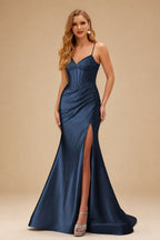 Rutipo Dark Navy Mermaid Spaghetti Strap Ruched Corset Prom Dress with Slit
