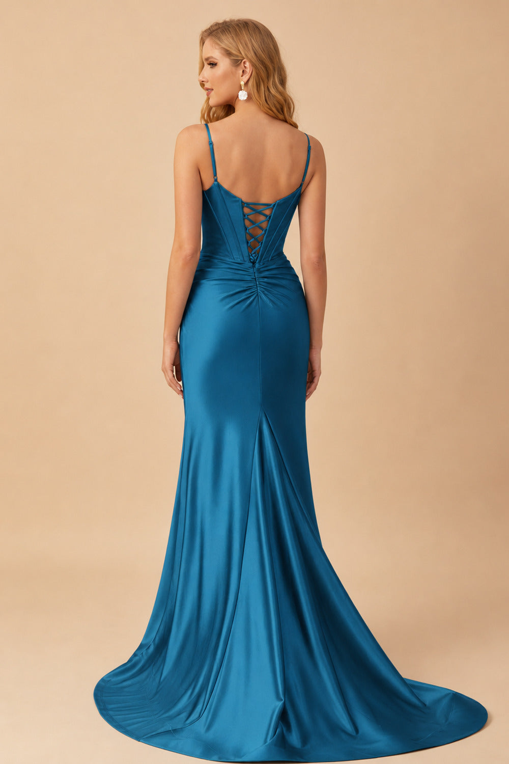 Rutipo Ink Blue Mermaid Spaghetti Strap Ruched Corset Prom Dress with Slit