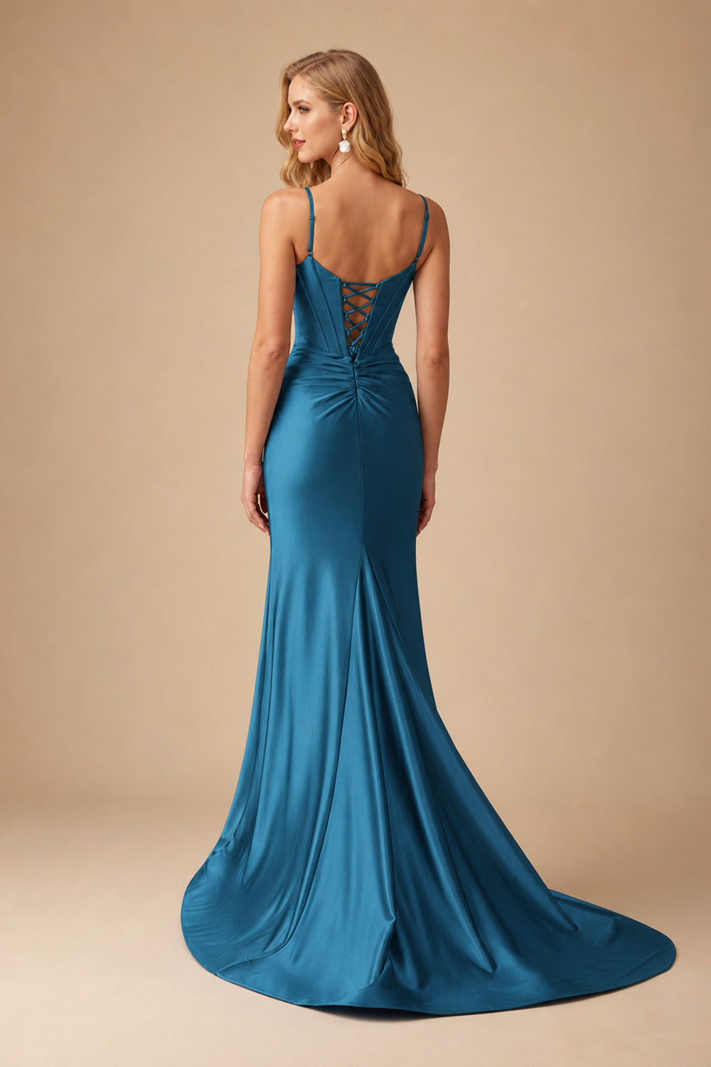 Rutipo Ink Blue Mermaid Spaghetti Strap Ruched Corset Prom Dress with Slit