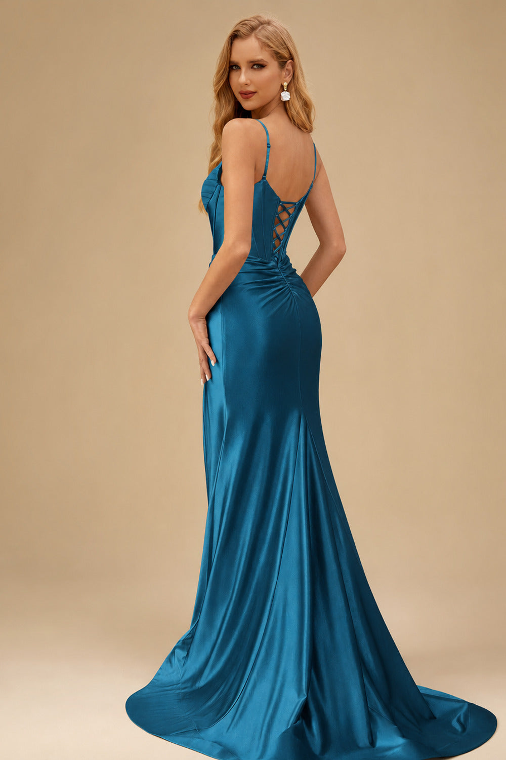 Rutipo Ink Blue Mermaid Spaghetti Strap Ruched Corset Prom Dress with Slit