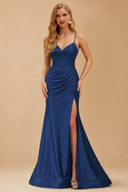 Rutipo Navy Blue Mermaid Spaghetti Strap Ruched Corset Prom Dress with Slit