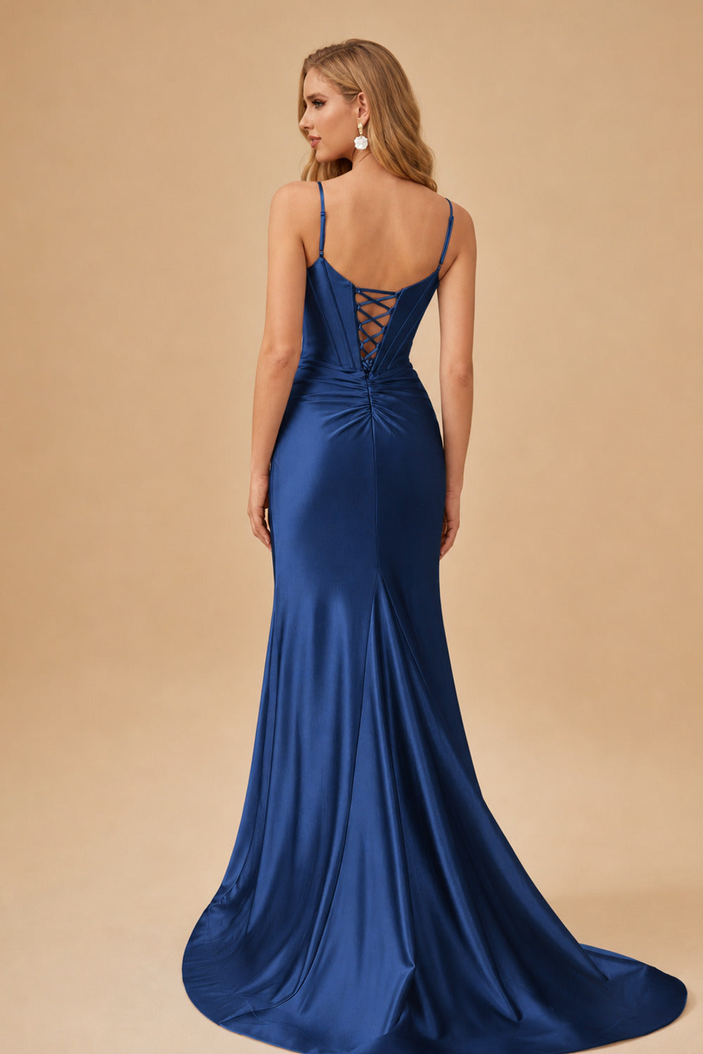 Rutipo Navy Blue Mermaid Spaghetti Strap Ruched Corset Prom Dress with Slit