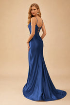 Rutipo Navy Blue Mermaid Spaghetti Strap Ruched Corset Prom Dress with Slit
