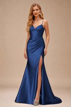 Rutipo Navy Blue Mermaid Spaghetti Strap Ruched Corset Prom Dress with Slit