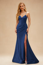 Rutipo Navy Blue Mermaid Spaghetti Strap Ruched Corset Prom Dress with Slit