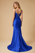 Rutipo Royal Blue Mermaid Spaghetti Strap Ruched Corset Prom Dress with Slit