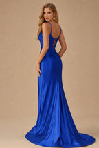 Rutipo Royal Blue Mermaid Spaghetti Strap Ruched Corset Prom Dress with Slit