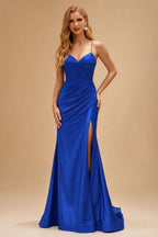 Rutipo Royal Blue Mermaid Spaghetti Strap Ruched Corset Prom Dress with Slit