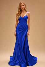 Rutipo Royal Blue Mermaid Spaghetti Strap Ruched Corset Prom Dress with Slit