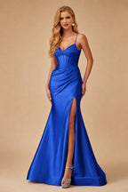 Rutipo Royal Blue Mermaid Spaghetti Strap Ruched Corset Prom Dress with Slit