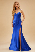 Rutipo Royal Blue Mermaid Spaghetti Strap Ruched Corset Prom Dress with Slit