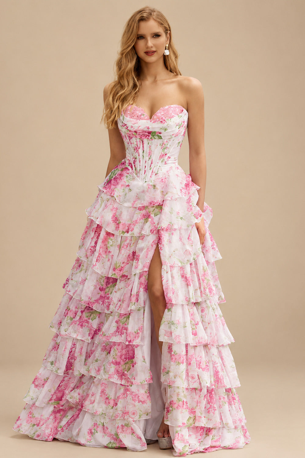 Rutipo Azalea Floral A-line Strapless Floral Print Tiered Ruffle Prom Dress with Corset Back and High Slit