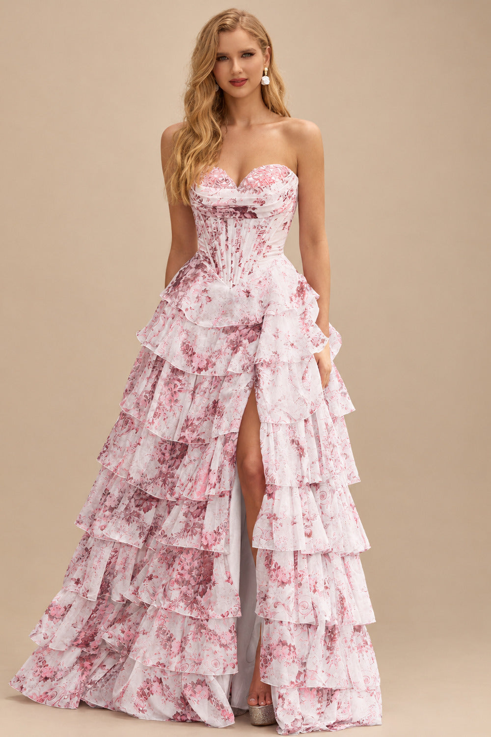 Rutipo Blushing Pink Floral A-line Strapless Floral Print Tiered Ruffle Prom Dress with Corset Back and High Slit