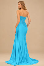 Rutipo Blue Sparkly Strapless Floral Corset Ruching Slit Prom Dress with Side Draping