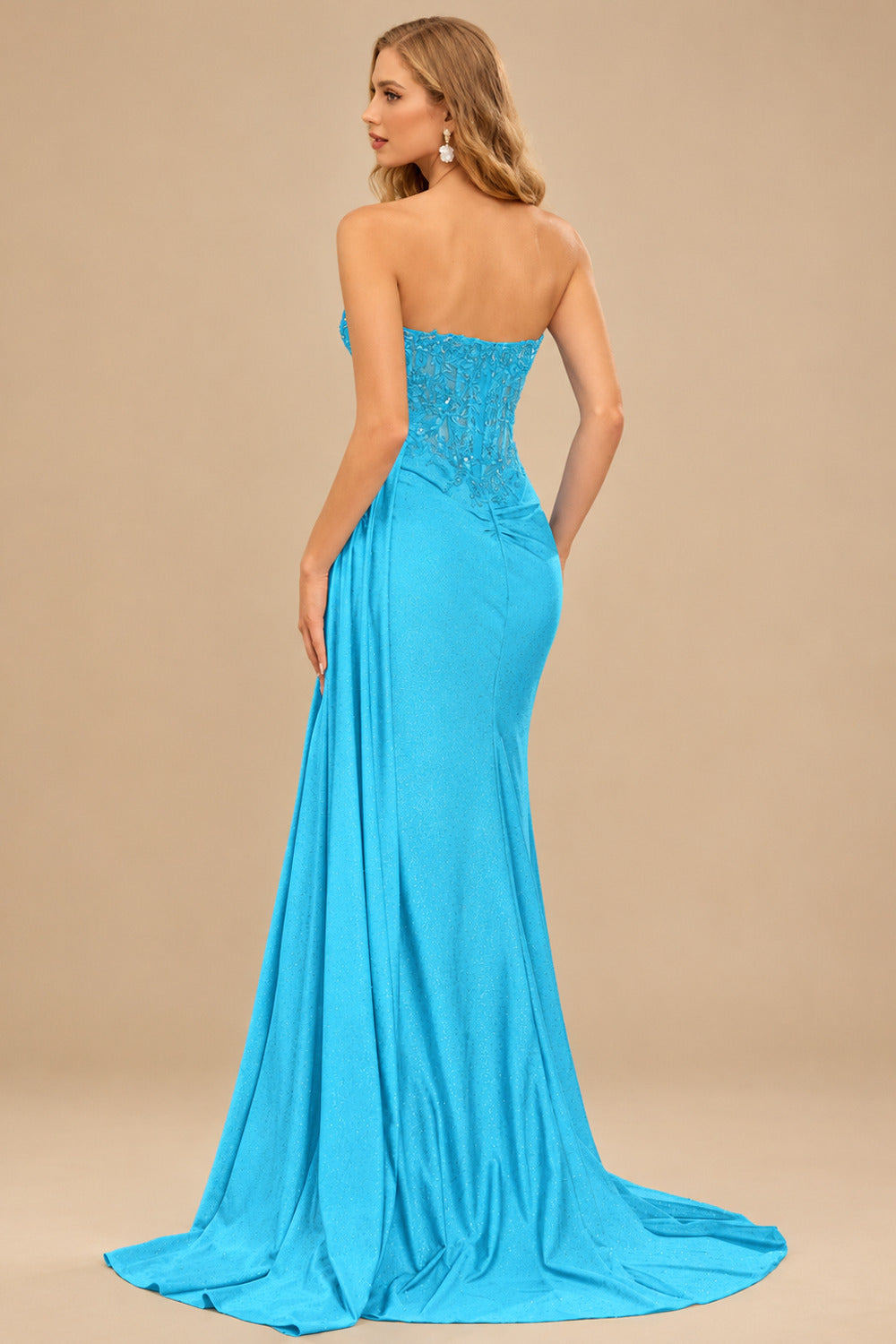 Rutipo Blue Sparkly Strapless Floral Corset Ruching Slit Prom Dress with Side Draping