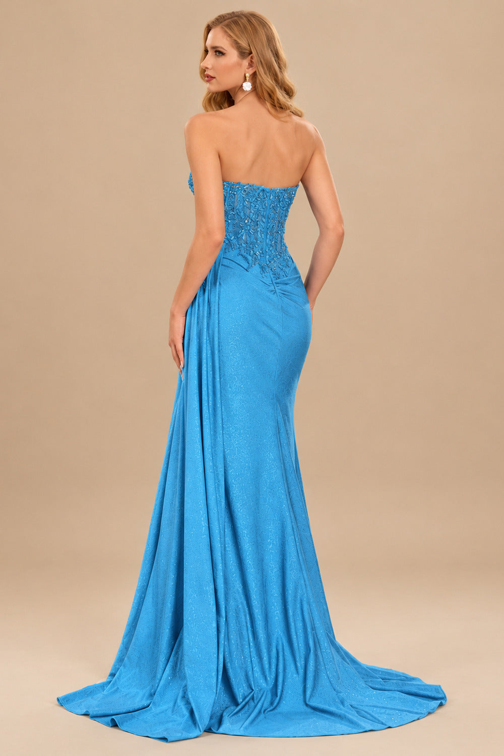 Rutipo Blue Sparkly Strapless Floral Corset Ruching Slit Prom Dress with Side Draping