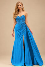 Rutipo Blue Sparkly Strapless Floral Corset Ruching Slit Prom Dress with Side Draping