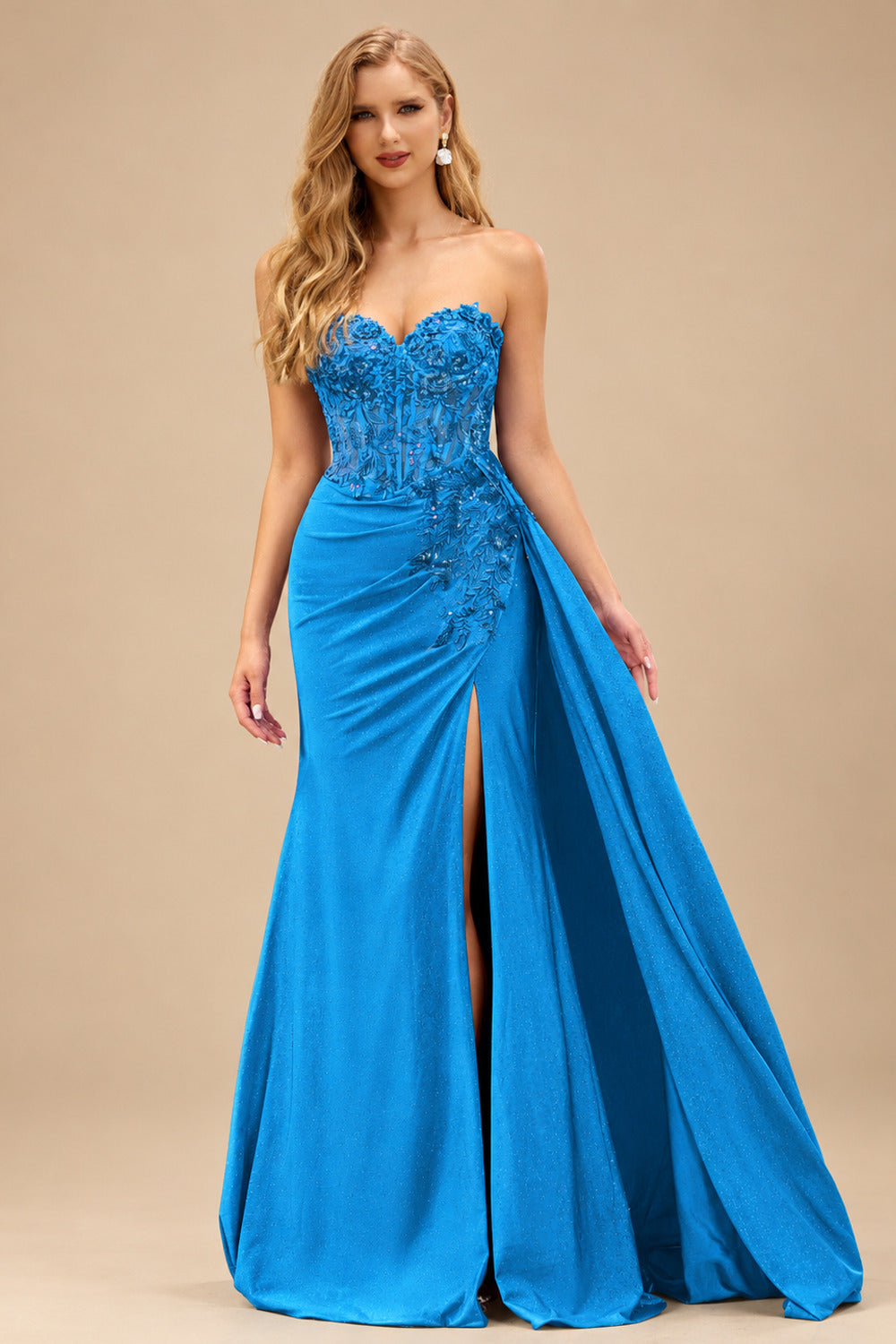 Rutipo Blue Sparkly Strapless Floral Corset Ruching Slit Prom Dress with Side Draping