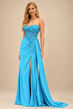 Rutipo Blue Sparkly Strapless Floral Corset Ruching Slit Prom Dress with Side Draping
