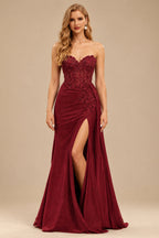 Rutipo Burgundy Sparkly Strapless Floral Corset Ruching Slit Prom Dress with Side Draping