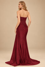 Rutipo Burgundy Sparkly Strapless Floral Corset Ruching Slit Prom Dress with Side Draping