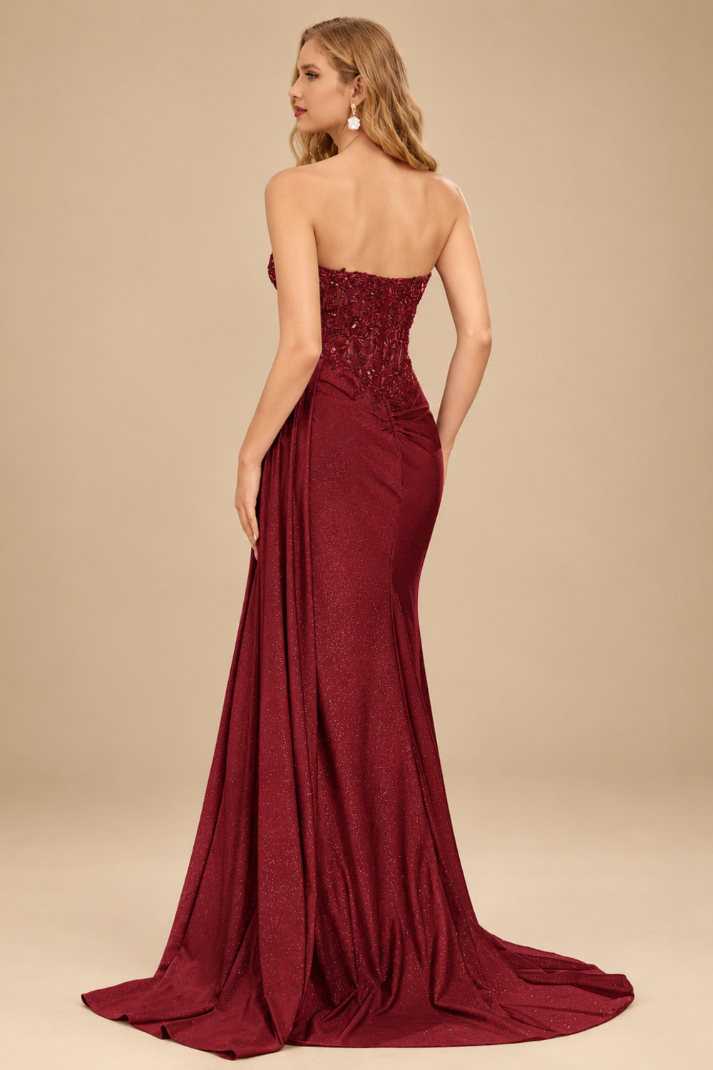 Rutipo Burgundy Sparkly Strapless Floral Corset Ruching Slit Prom Dress with Side Draping