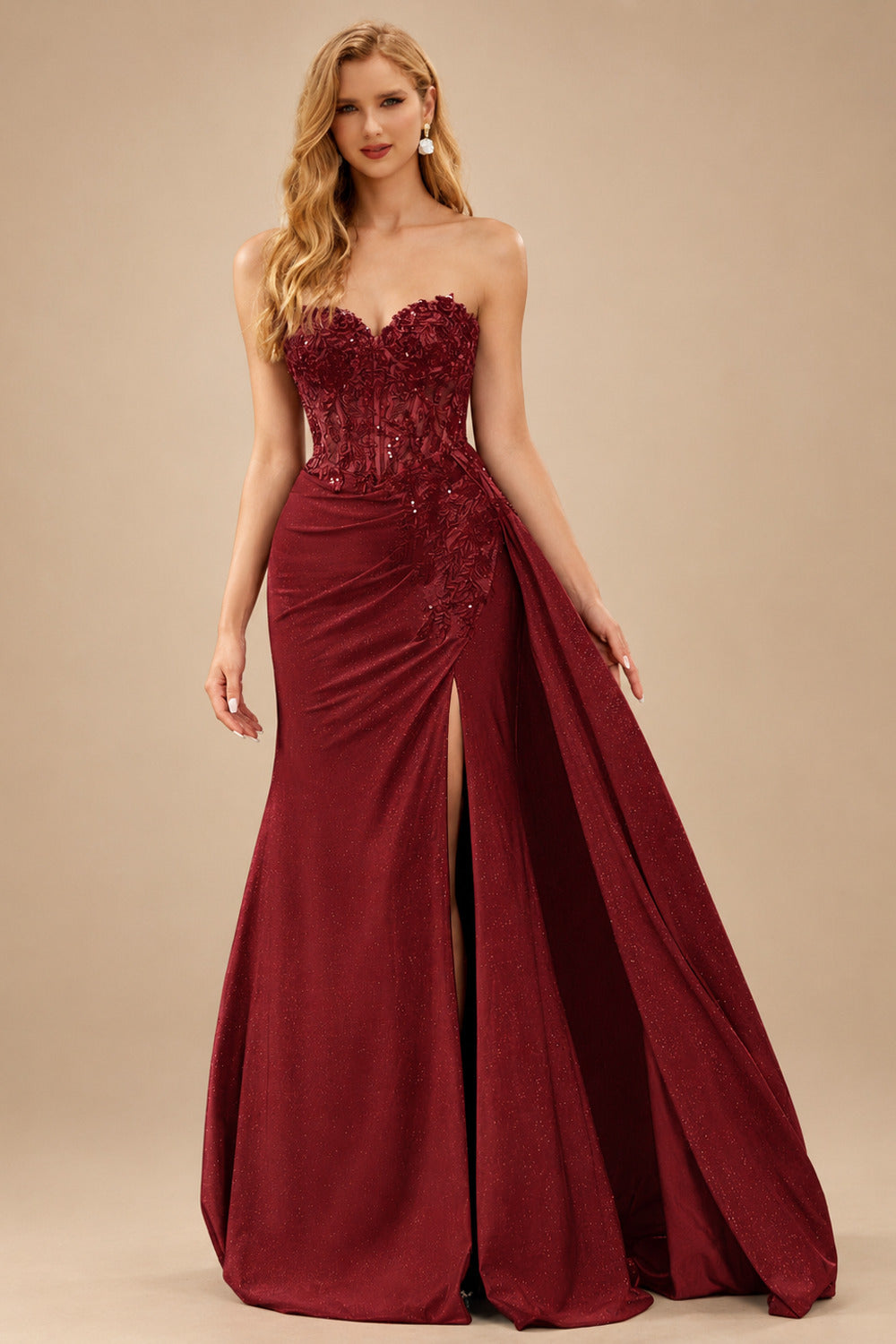 Rutipo Burgundy Sparkly Strapless Floral Corset Ruching Slit Prom Dress with Side Draping