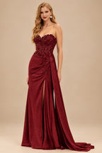 Rutipo Burgundy Sparkly Strapless Floral Corset Ruching Slit Prom Dress with Side Draping