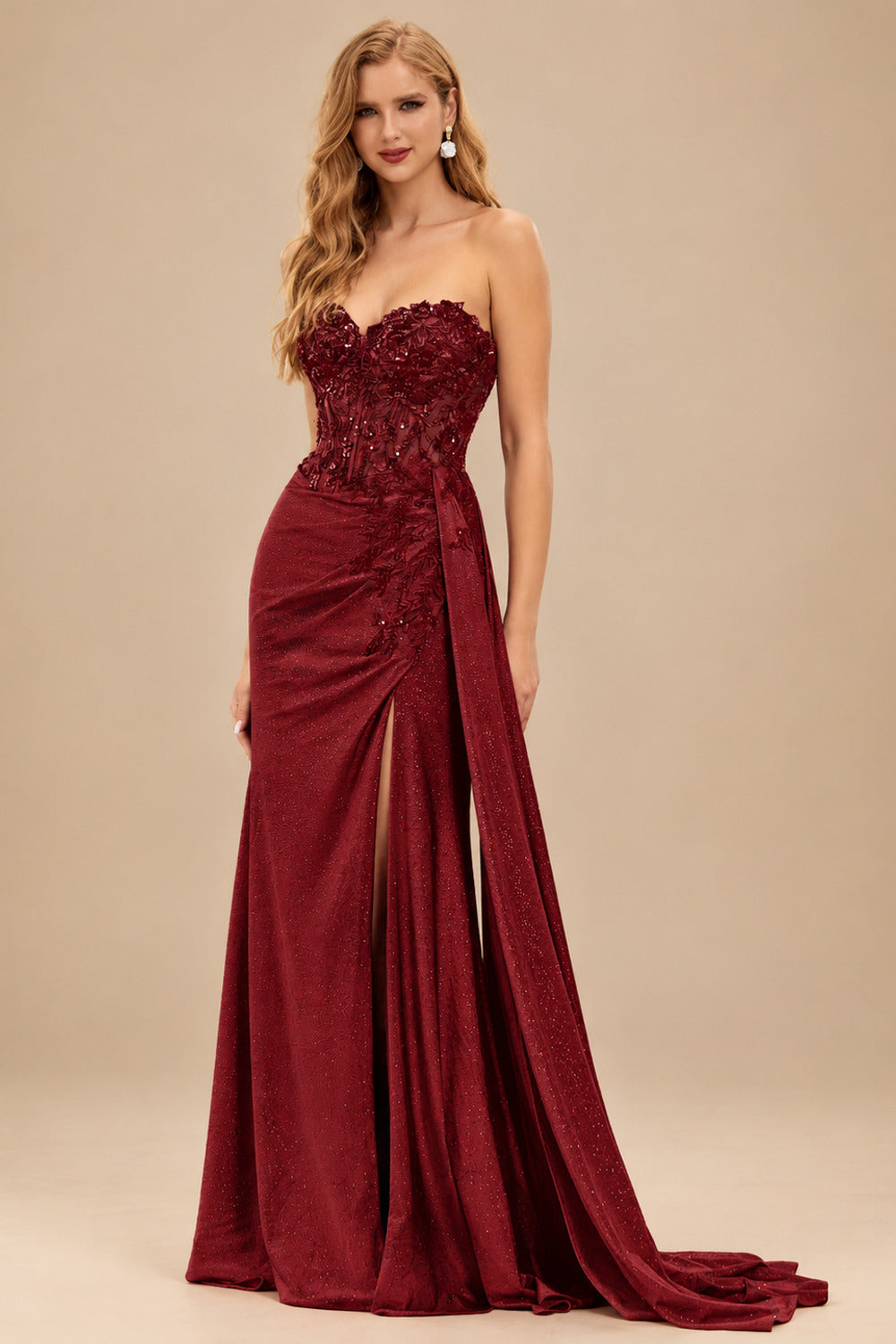Rutipo Burgundy Sparkly Strapless Floral Corset Ruching Slit Prom Dress with Side Draping